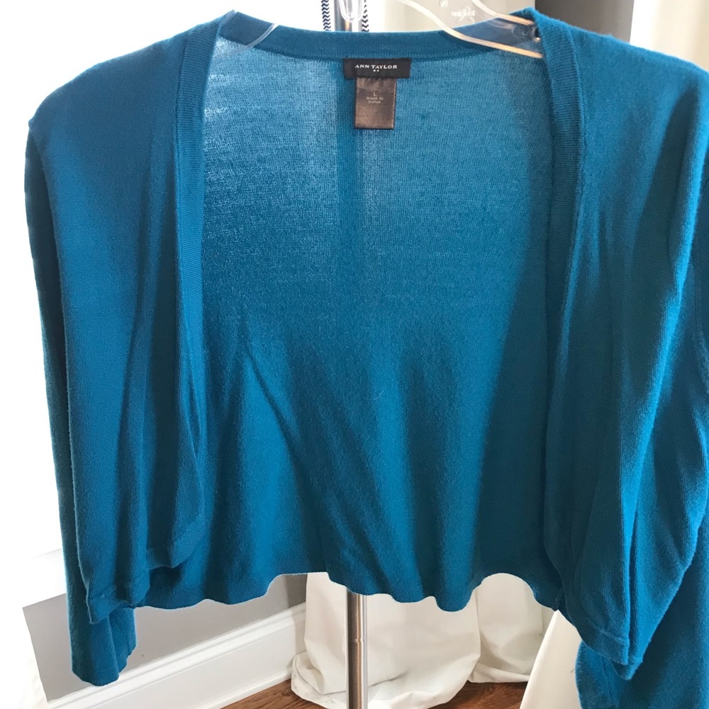 Ann Taylor, Short Open-Front Teal Cardigan Sweater